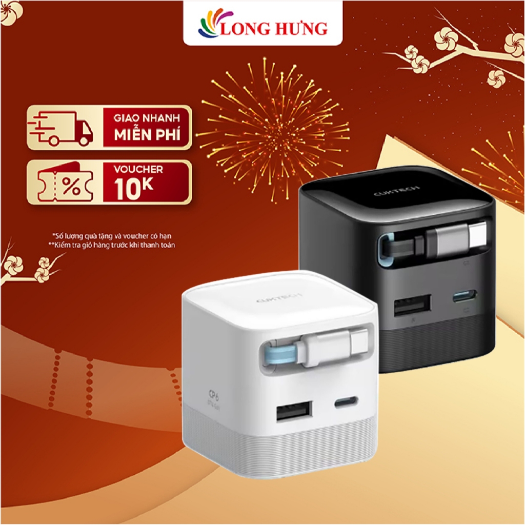 Cốc sạc Cuktech GaN Built-in USB-C Cable 1USB 2Type-C 67W CP6 AD653W - Hàng chính hãng
