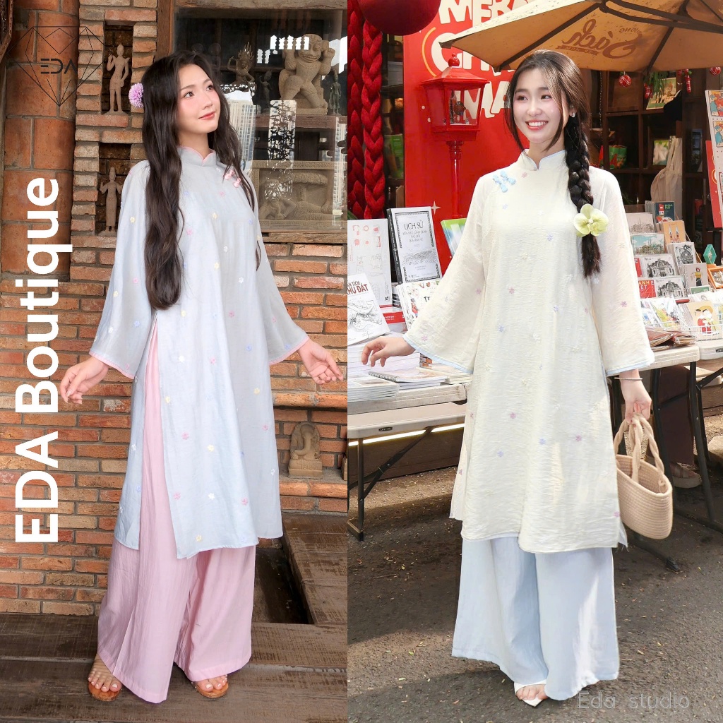 CÓ BIGSIZE - Áo dài nữ Tết hoa thêu đính nơ phối quần lụa dài hồng EDA Boutique