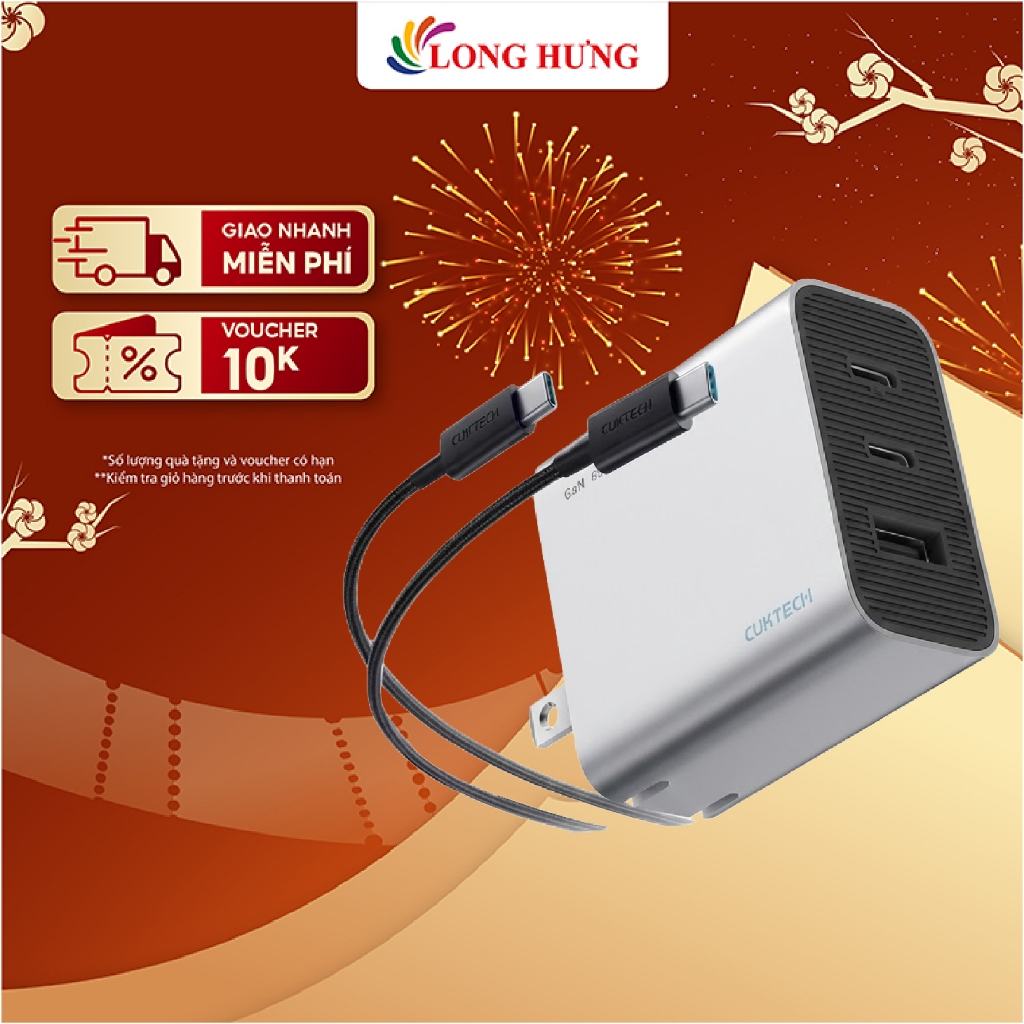 Combo cốc sạc Cuktech 1USB 2Type-C 65W + Cáp USB Type-C to Type-C AD653C - Hàng chính hãng
