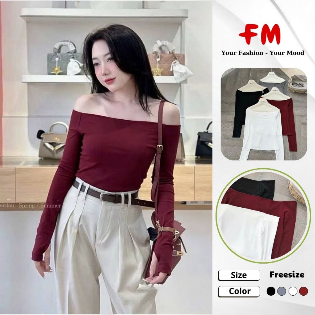 Áo Kiểu Trễ Vai Nữ FMSTYLE Slimfit Trơn Tay Dài Thời Trang Phong Cách Hàn Quốc 25121559