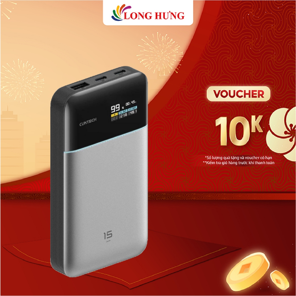 Sạc dự phòng Cuktech Power Bank 15 Air 1USB 2Type-C 100W 15000mAh PB150S - Hàng chính hãng