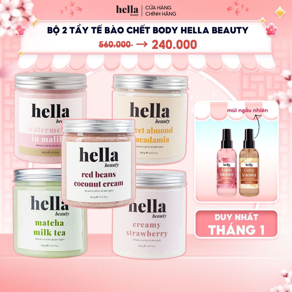  Bộ 2 tẩy tế bào chết body Hella Beauty giúp làm sạch sâu hỗ trợ dưỡng sáng da 