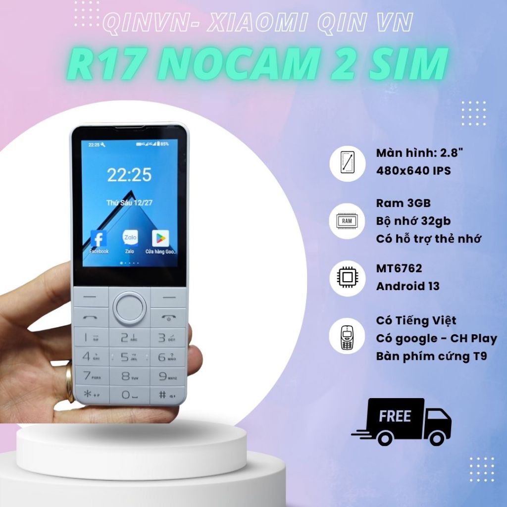 R17 nocam 2 sim Trắng Điện thoại không camera có cảm ứng - Android 13 - Doov có Google, CH Play, Tiế