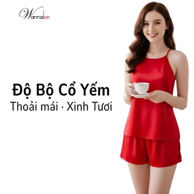 Đồ bộ mặc nhà lụa WANNABE bộ ngủ nữ quần sọt đan dây phối áo cổ yếm lưng trần xinh xắn BSS33