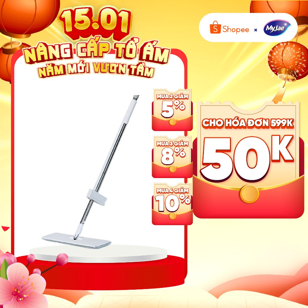 Cây Lau Nhà 125cm MyJae Đài Loan Sợi Polyester Kéo Vắt Thông Minh 360 Độ