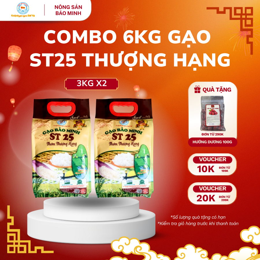 Combo 02 Túi Gạo ST25 Thượng Hạng 3KG Bảo Minh - Dẻo Thơm, Mềm Cơm, Ngọt Hậu