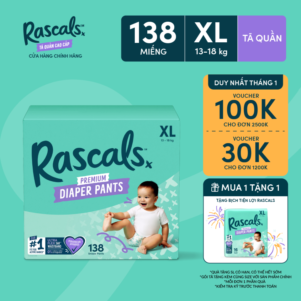  Thùng Tã Bỉm Quần cao cấp Rascals Size XL  13-18kg  138 miếng 