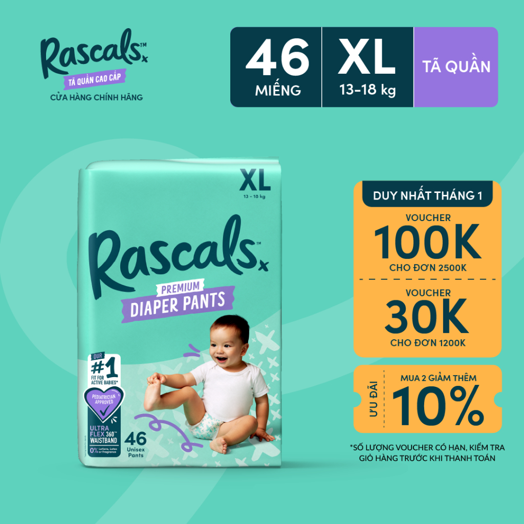  Tã Bỉm Quần cao cấp Rascals Size XL  13-18kg  46 miếng 