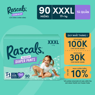  Thùng 3 bịch Tã Bỉm Quần Rascals Size XXXL  17kg+  90 miếng 