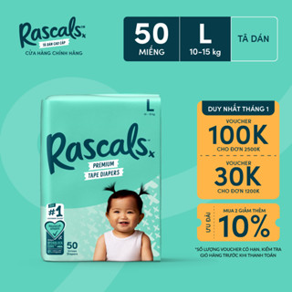  Tã Bỉm Dán Rascals Size L  10-15kg  50 miếng 
