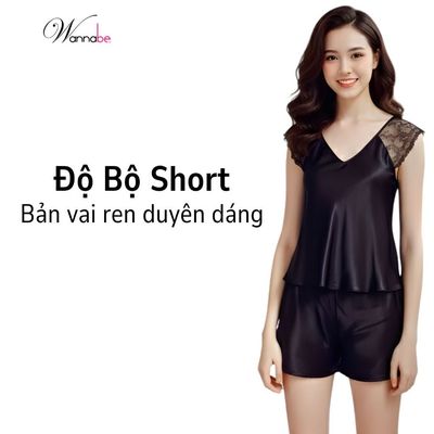 Đồ bộ mặc nhà WANNABE bộ đùi nữ quần sọt đơn giản phối áo tay ren Nhật thanh lịch che vai thô BSS06