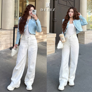  Quần jean nữ ống rộng cạp cao màu trắng trơn dáng suông chất bò cao cấp dày dặn J411 DELIZ 