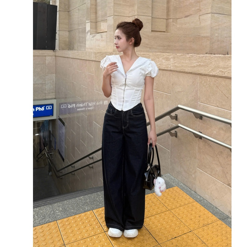 DELIZ - Quần jean nữ ống rộng cạp cao chất liệu jean denim mềm tôn dáng J412 DELIZ | BigBuy360 - bigbuy360.vn