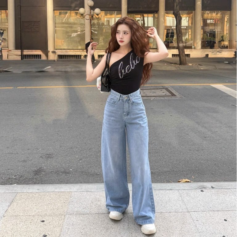 DELIZ - Quần jean nữ ống rộng cạp cao chất liệu jean denim mềm tôn dáng J412 DELIZ | BigBuy360 - bigbuy360.vn