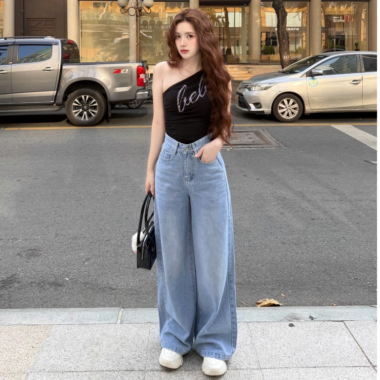 DELIZ - Quần jean nữ ống rộng cạp cao chất liệu jean denim mềm tôn dáng J412 DELIZ | BigBuy360 - bigbuy360.vn