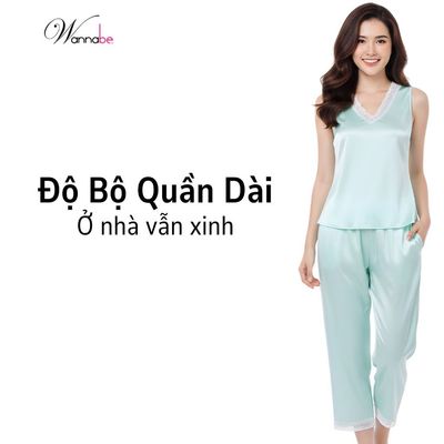 Đồ bộ mặc nhà lụa WANNABE bộ quần dài áo sát nách bản vai cổ tim phối ren Nhật xịn mịn cao cấp BDS11