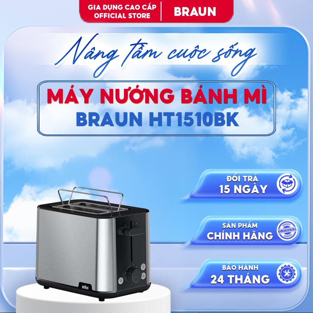 [TẶNG CHẢO XÀO] Máy Nướng Bánh Mì Braun HT1510BK | Điều Chỉnh Nhiệt Độ Thông Minh | Công Suất 900W | Bảo Hành 2 Năm