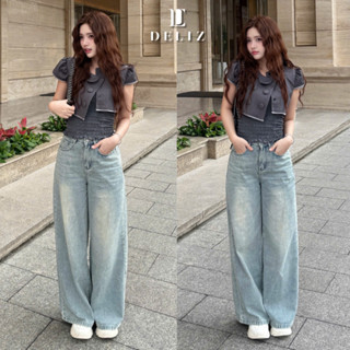  DELIZ - Quần jean nữ ống rộng cạp cao chất liệu jean denim mềm tôn dáng J412 