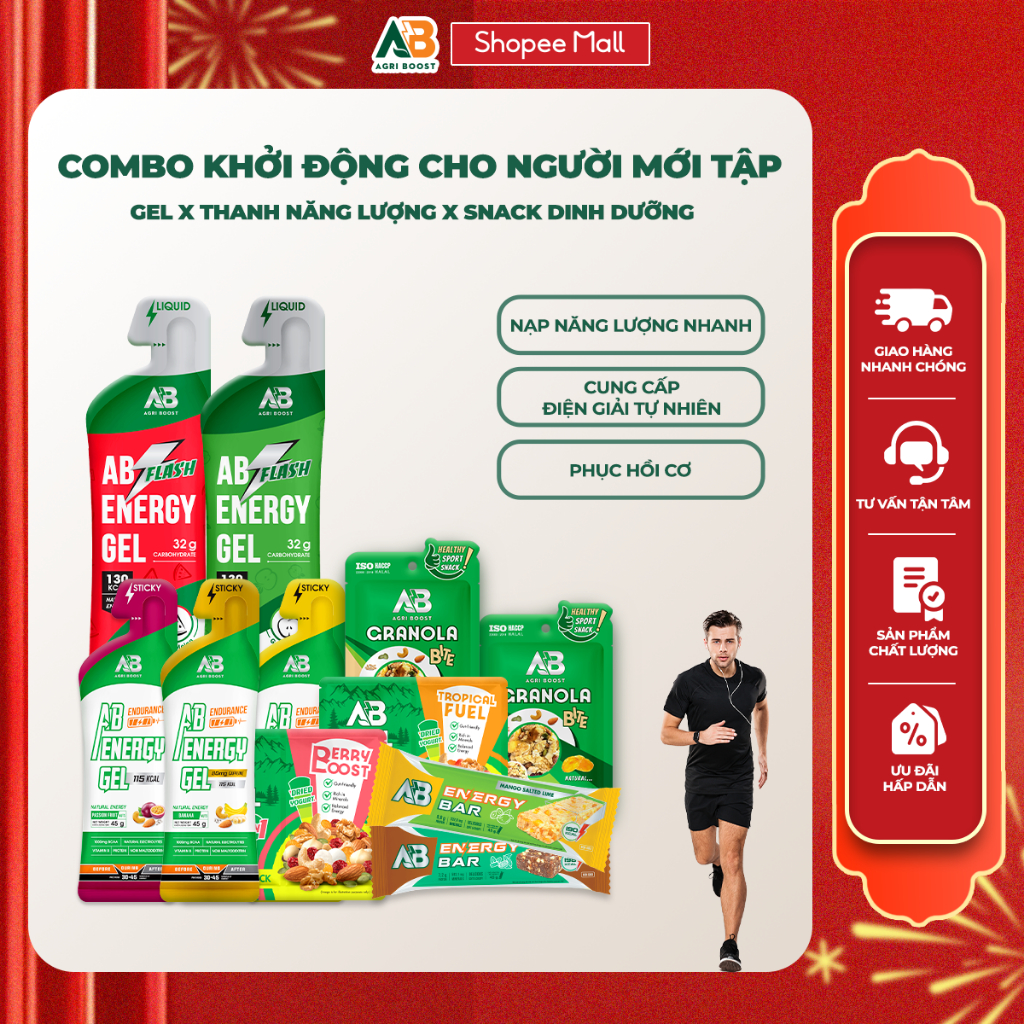 Combo Chạy Bộ Cho Người Mới AB NUTRITION - Nạp Năng Lượng Nhanh Với Gel AB, Thanh Năng Lượng, Snack 