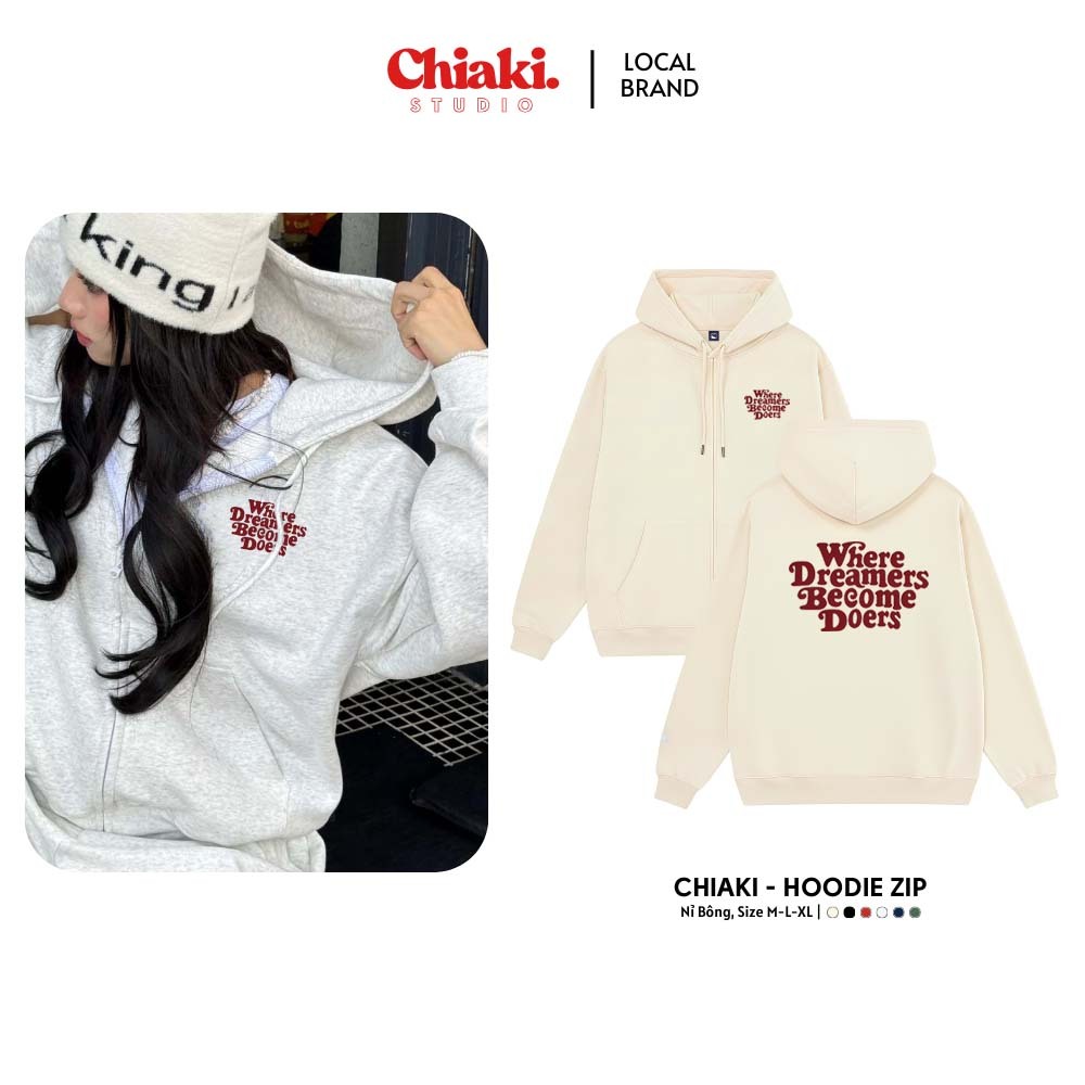 Áo Hoodie Zip Nỉ Bông Chiaki Studio BST29 In Chữ Dreamers-Áo Khoác Nỉ Có Khóa Kéo Style Hàn Quốc Tối