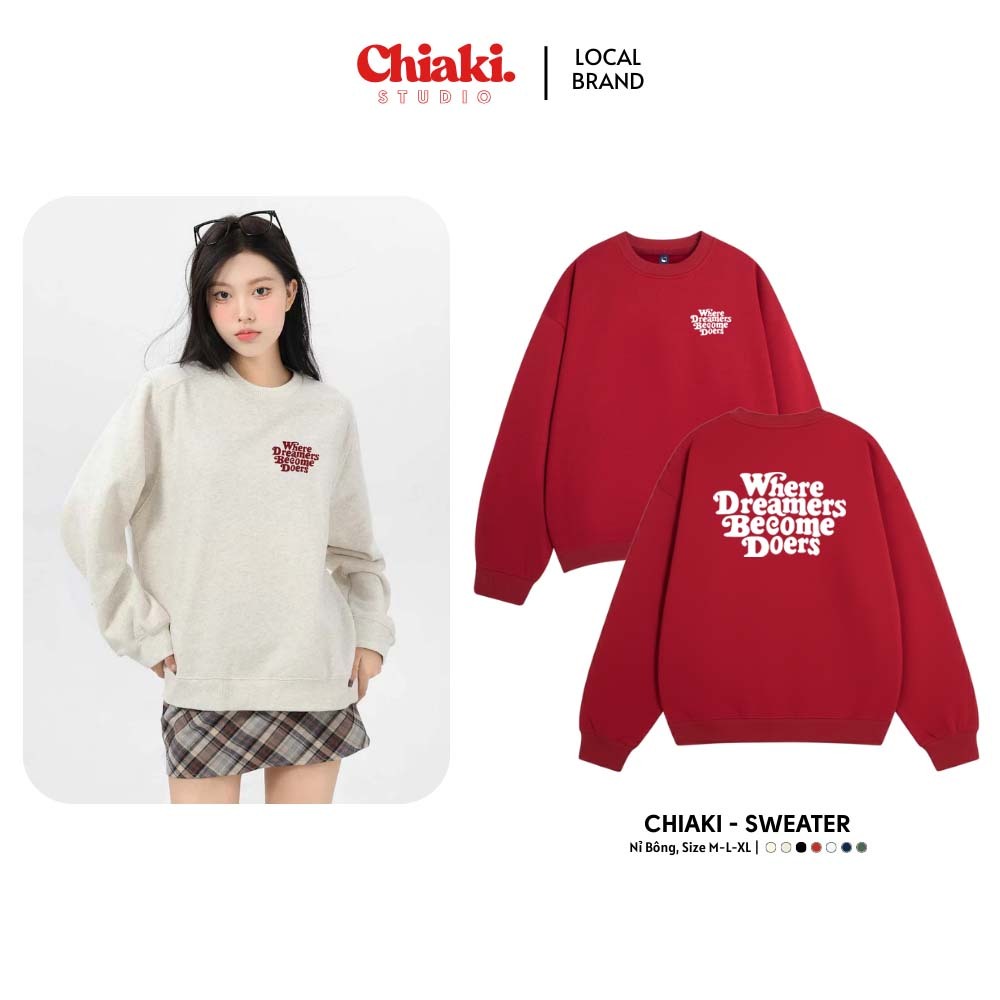 Áo Sweater Nỉ Bông Chiaki Studio BST30 In Chữ Dreamers Basic-Áo Pull Nỉ Dài Tay Vải Dày Mịn Form Rộn