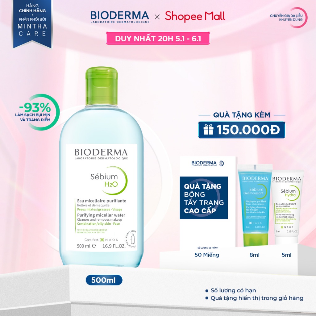  Dung dịch làm sạch và tẩy trang công nghệ Micellar cho da hỗn hợp da dầu và da mụn Bioderma Sebium H2O - 500ml 