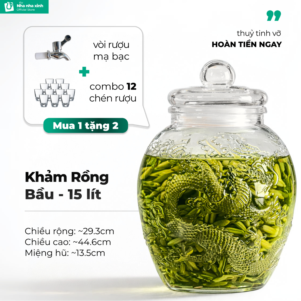 Bình Ngâm Rượu Thuỷ Tinh Cỡ Lớn In Khắc Rồng Hoạ Tiết Nổi Hũ Thuỷ Tinh Sang Trọng Hút Lộc 15 Lít