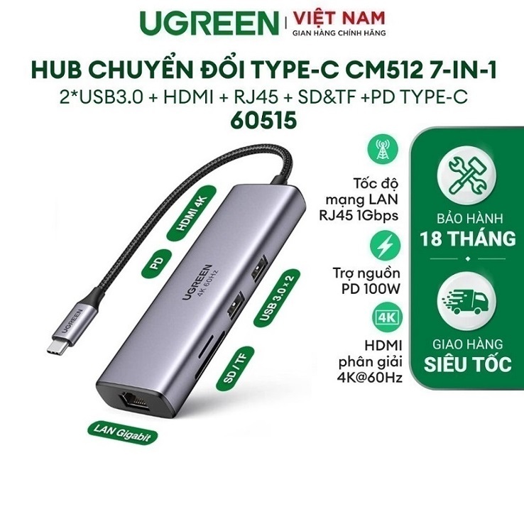 HUB 7 in 1 Bộ chuyển đổi USB Type-C ra HDMI 4K@60hz/USB/LAN Gigabit/PD100W/SD/TF Ugreen 60515/60384/