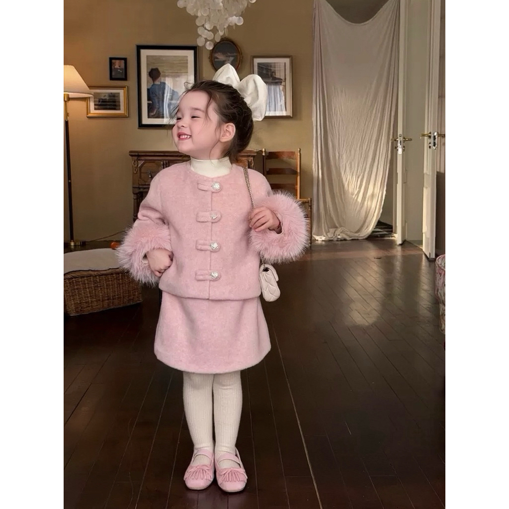 Set Váy Dạ Hồng Tiểu Thư Bé Gái Phong Cách Công Chúa Set Váy Áo Khoác Dạ Bé Gái Màu Hồng Tay Lông Ti