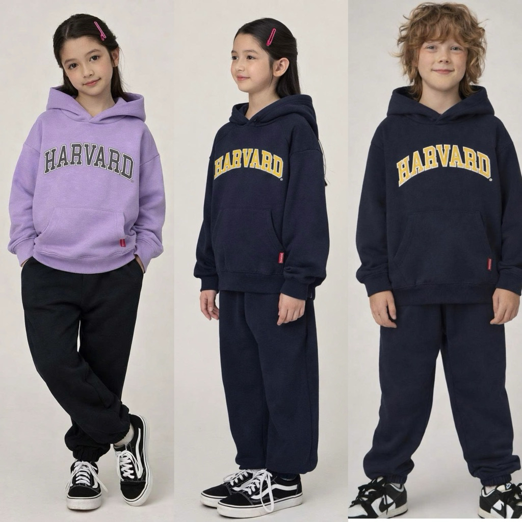 (HÀNG XUẤT XỊN) Bộ nỉ bông Hàn Harvard bé trai bé gái dáng HOODIE chữ ngực