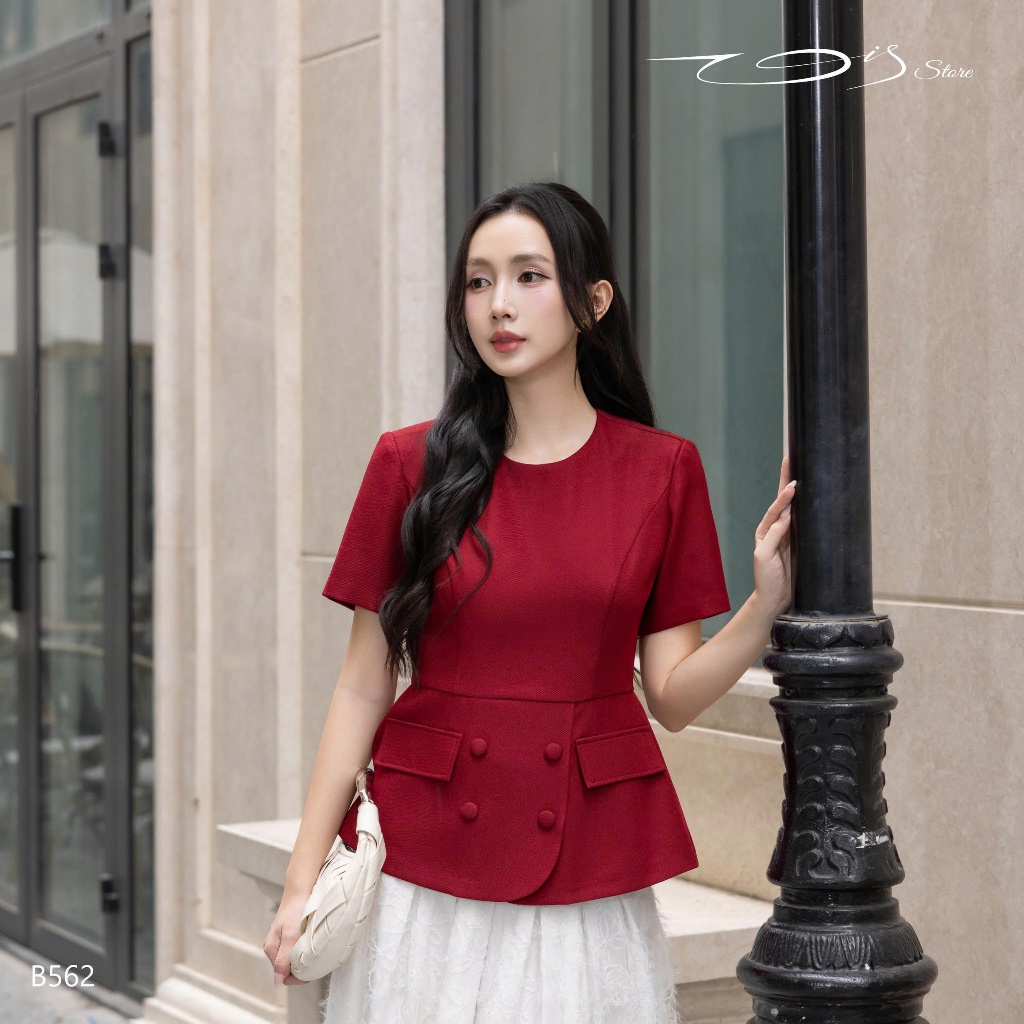 Vis Store - Áo thiết kế peplum cổ tròn màu đỏ đô mặc Tết