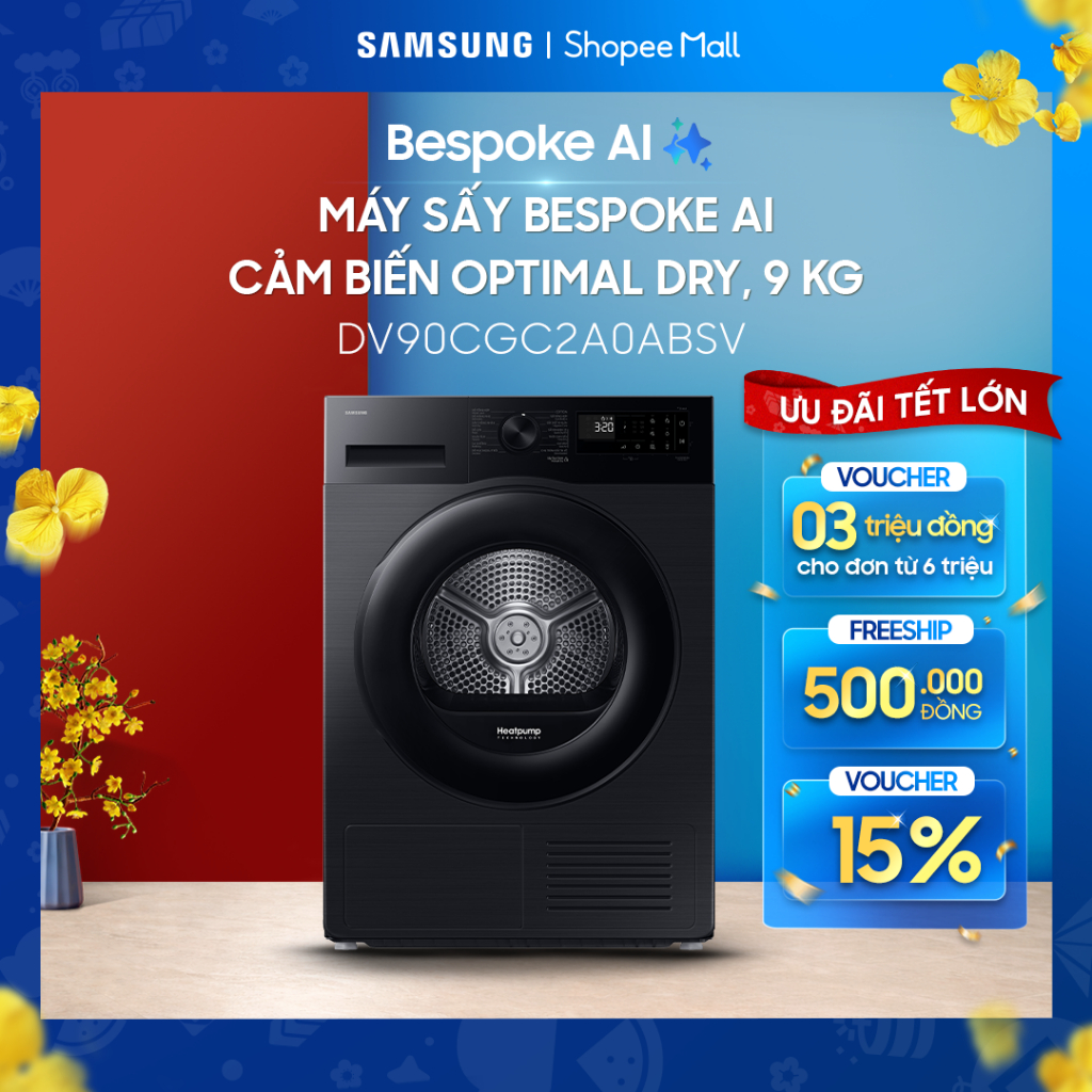 [NHẬP SSDABLK GIẢM 12%]Máy sấy bơm nhiệt Samsung 9kg DV90CGC2A0ABSV