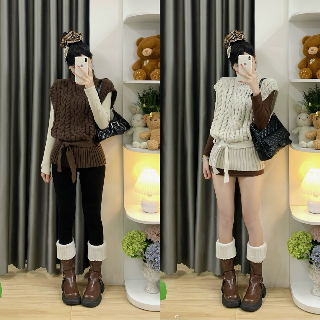 | Hta.boutique | Gile len ( không kèm áo trong ) kèm đai vải len xoắn thừng cổ lọ dày dặn