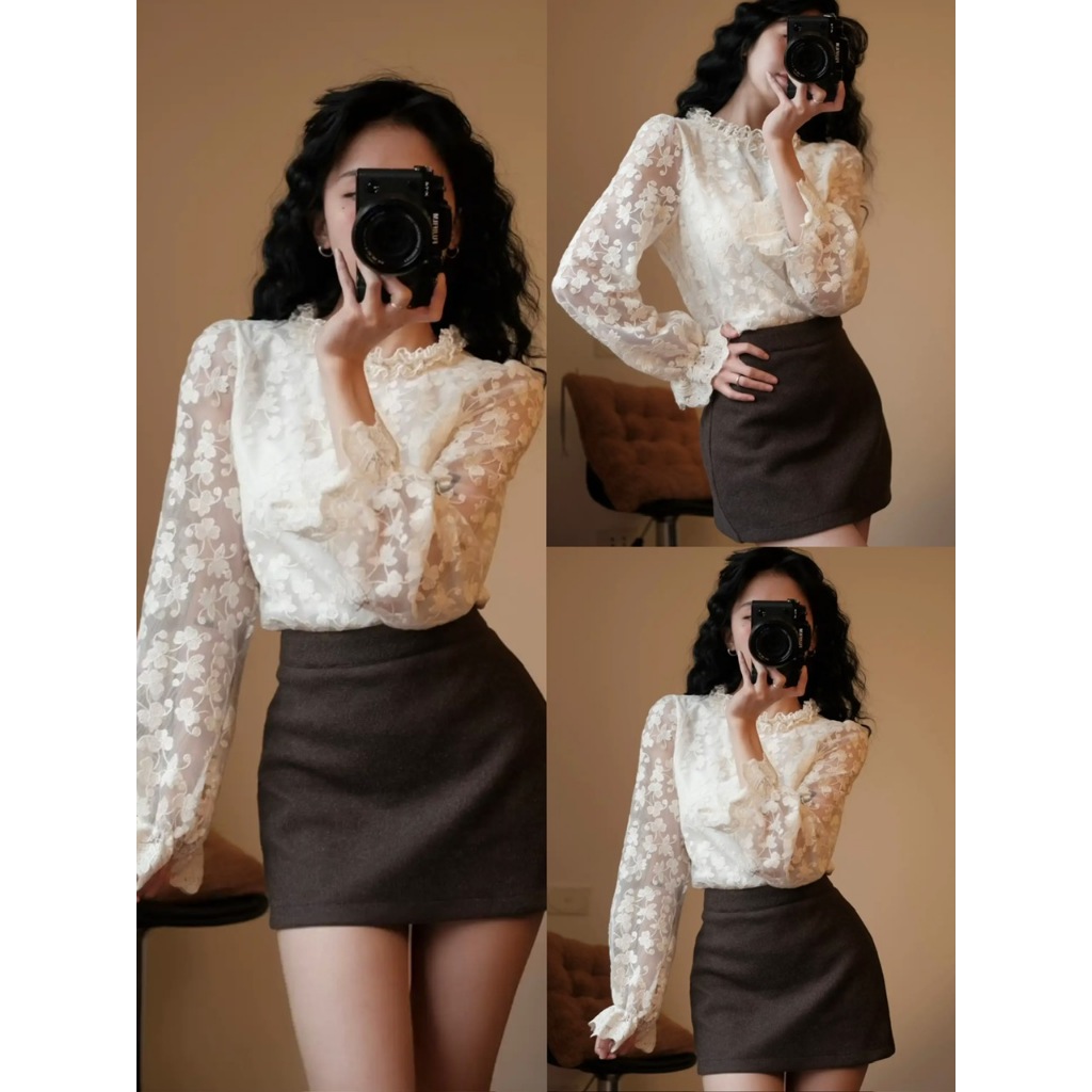 ÁO SƠ MI REN HOA NỔI CỔ REN VIỀN BÈO DÀI TAY BO CHUN 2 LỚP PHÙ HỢP THU ĐÔNG - DÀNH CHO NỮ | BigBuy360 - bigbuy360.vn