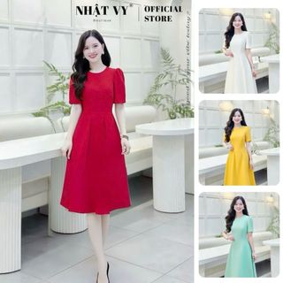  Đầm dự tiệc Nhật Vy cổ tròn tay nhún kiểu dáng xoè chất linen gân phù hợp đi chơi - D3217 