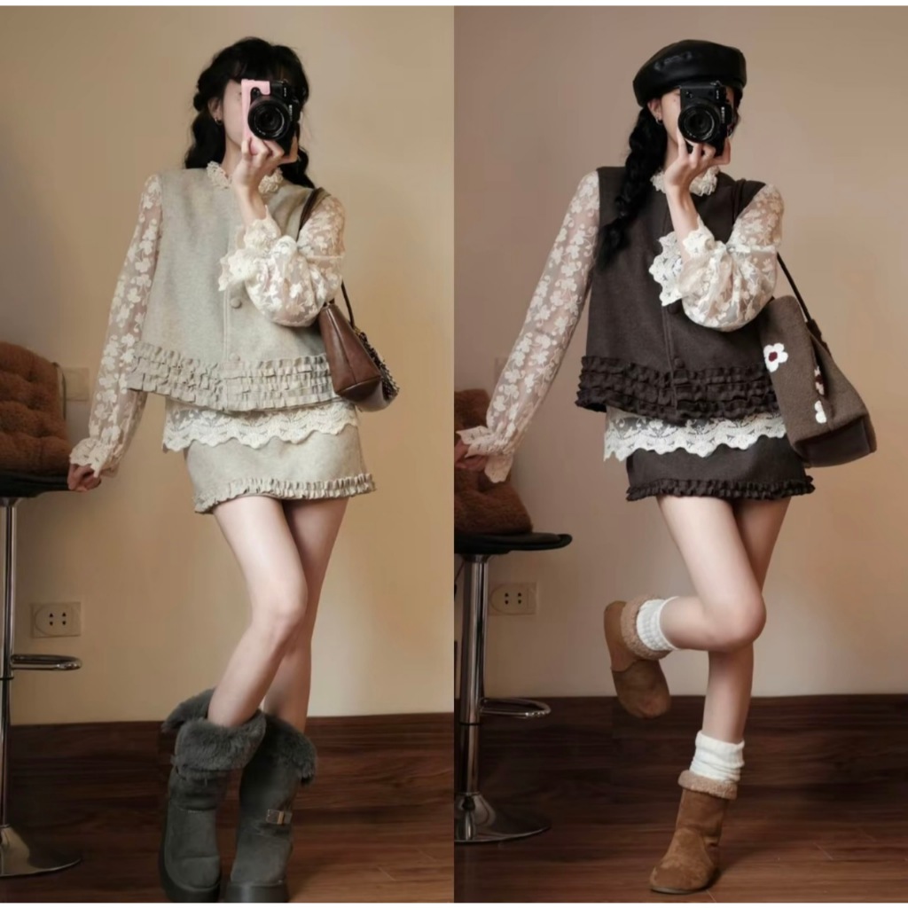 [KO KÈM ÁO TRONG] SET DẠ 2 CHI TIẾT ÁO GILE CÚC BỌC PHỐI BÈO MIX CHÂN VÁY NGẮN CHẬT DẠ BASIC PHONG CÁCH THANH LỊCH | BigBuy360 - bigbuy360.vn