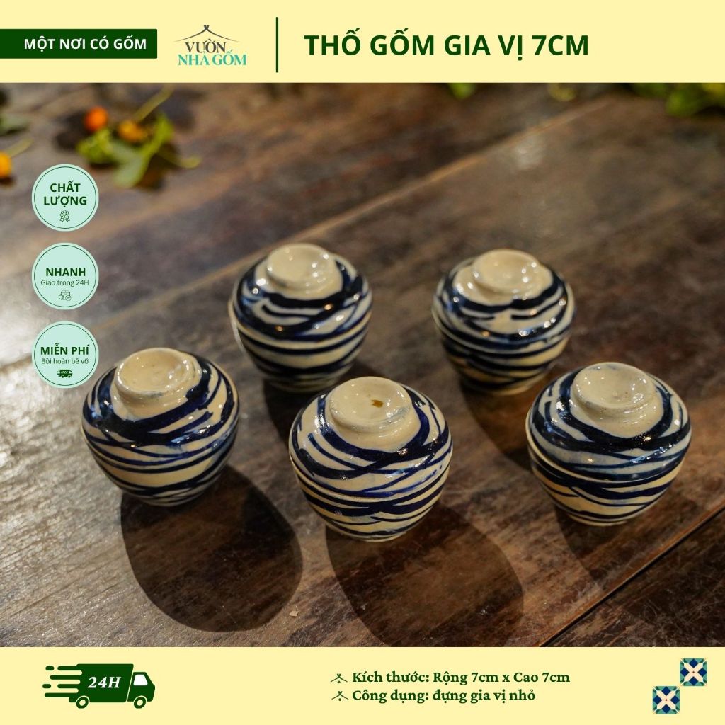 (Combo 5 cái) Thố Gốm 7cm - Vườn Nhà Gốm - Hũ Đựng Gia Vị Size Mini - Rộng 7cm x Cao 7cm.