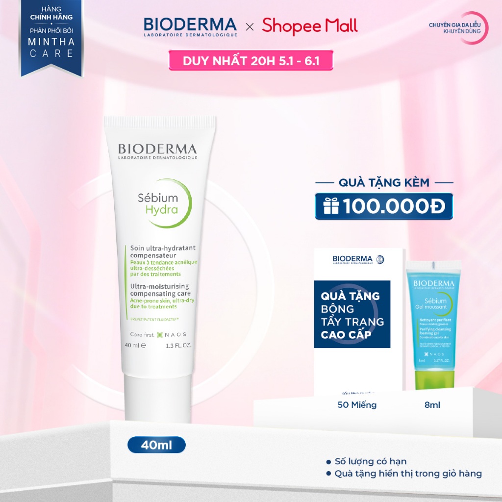  Kem dưỡng ẩm giảm khô căng bong tróc cho da mụn Bioderma Sebium Hydra - 40ml 