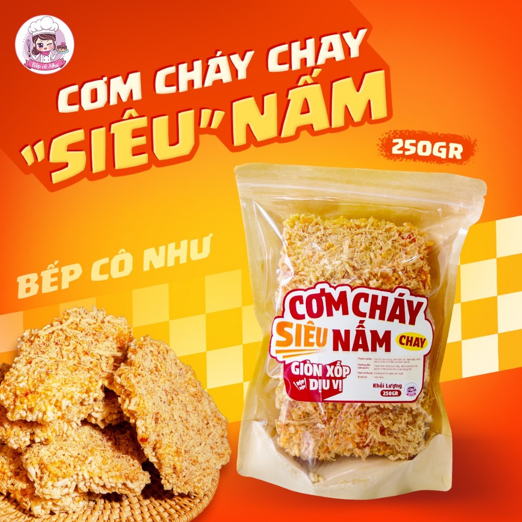 Cơm Cháy Chay Siêu Nấm Bếp Cô Như, Cơm Cháy Nấm Chay Giòn Xốp, Dịu Vị - Túi 250gr | Đồ ăn vặt Bếp Cô Như