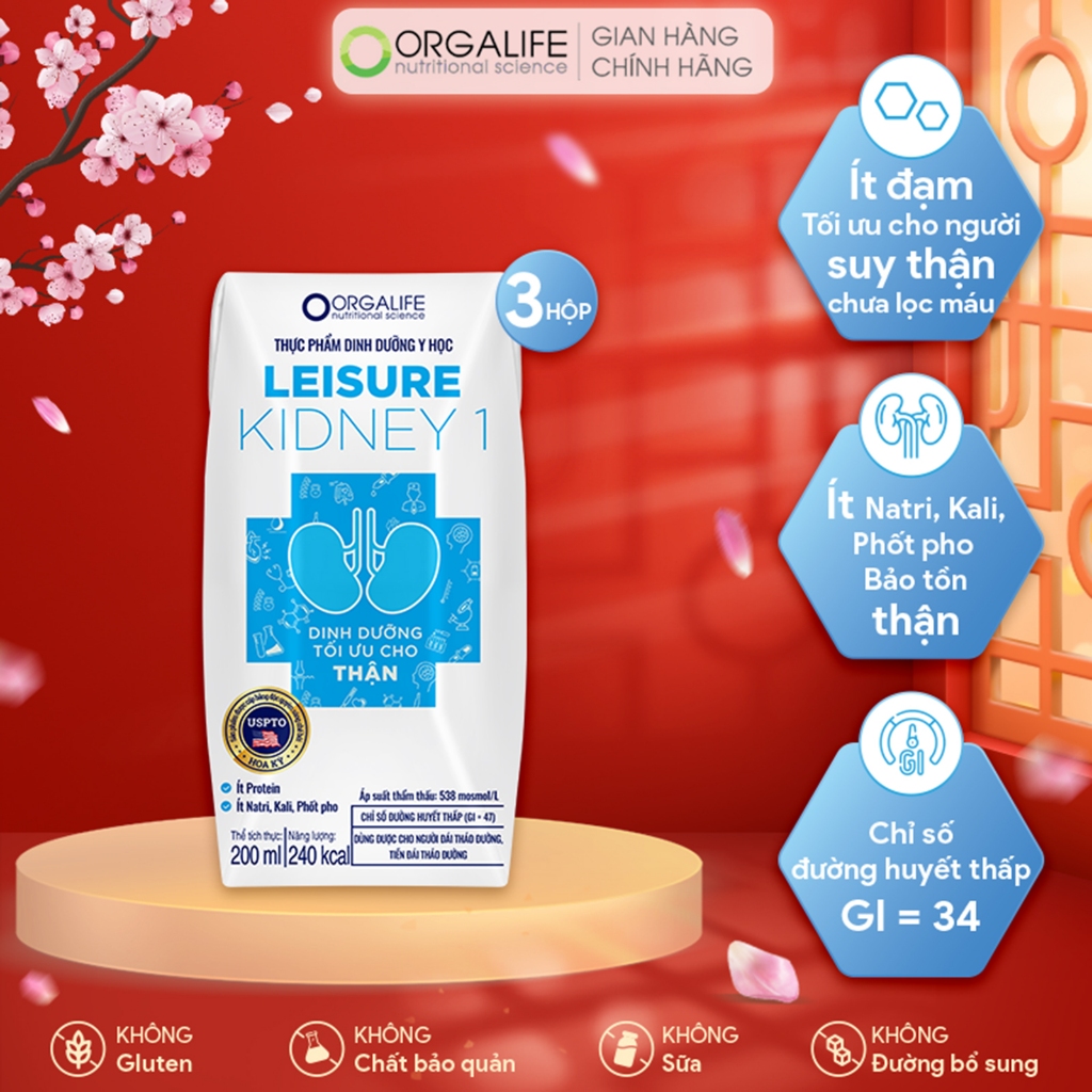 Lốc 3 Hộp LEISURE KIDNEY 1 - Soup Uống Dinh Dưỡng Công Thức Giảm Protein (200ml/Hộp)