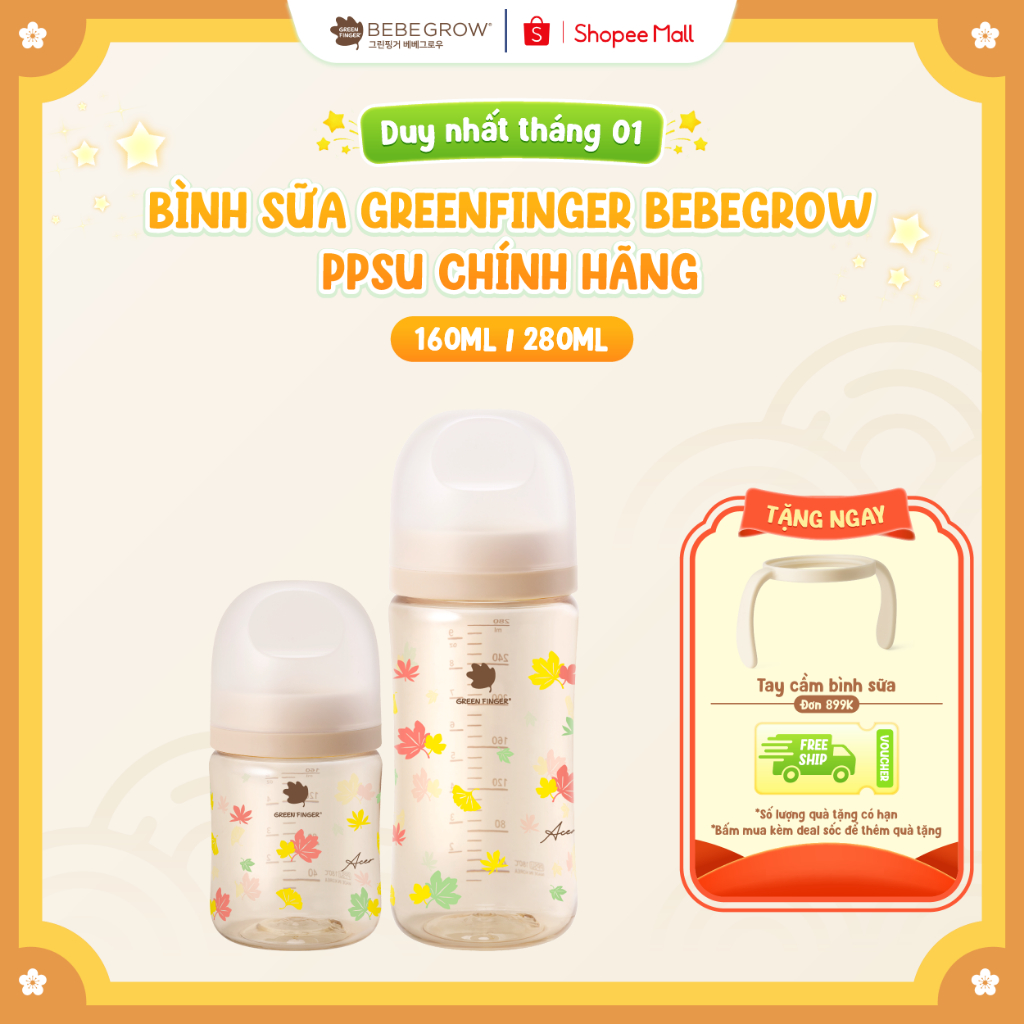  Bình sữa cho bé Greenfinger Bebegrow chất liệu nhựa PPSU an toàn chịu nhiệt tốt 160ml 280ml Green Finger 