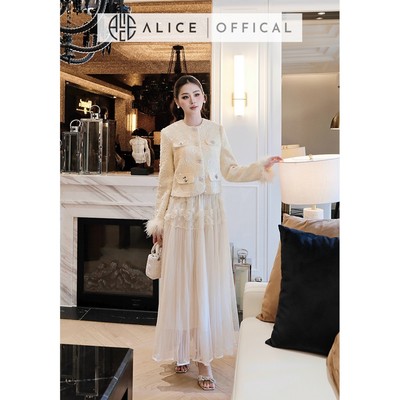 Set Váy Thu Đông Cao Cấp Alice, Áo Dạ Tweet Đính Hoa Tay Phối Lông Vũ, Chân Váy Tơ Dập Ly Dáng Maxi S1014