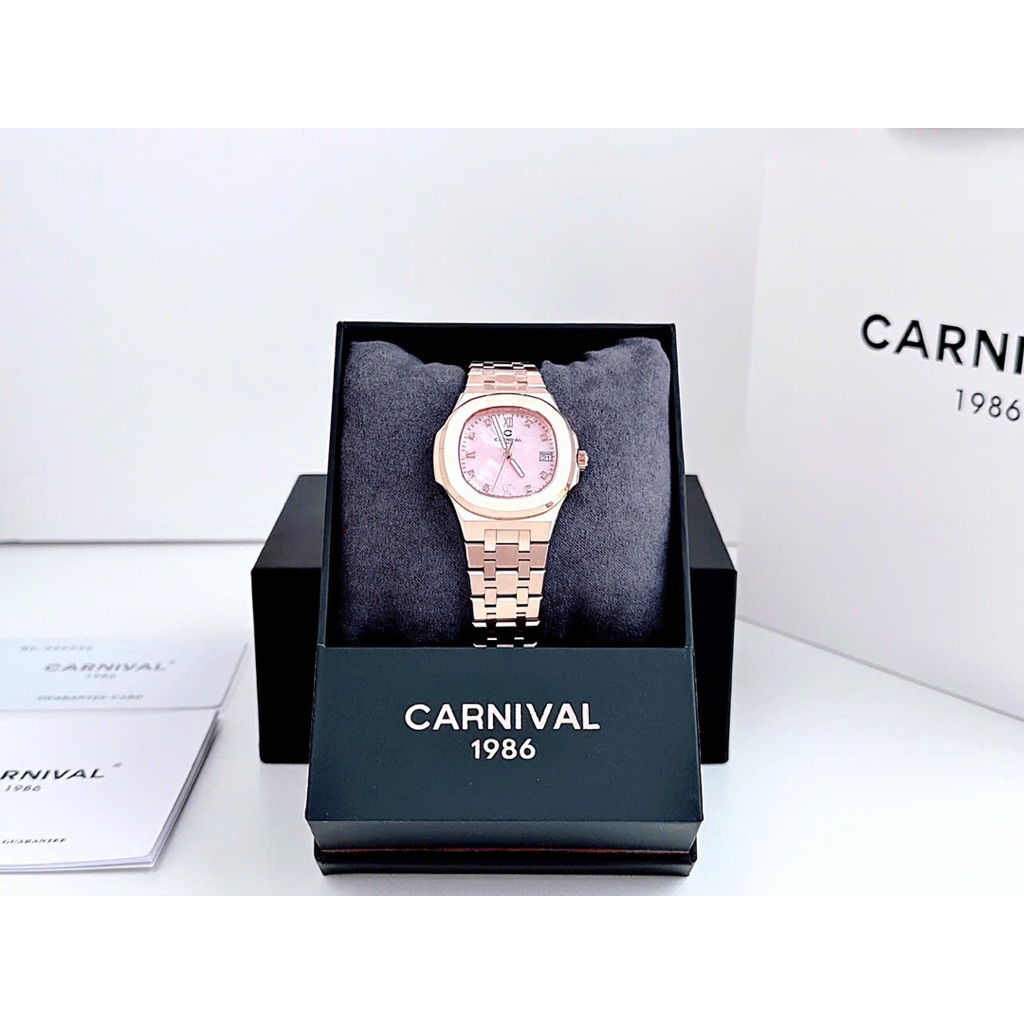 Đồng Hồ Nữ Chính Hãng Carnival 8160L Rose gold Mặt Hồng Xà Cừ Full Box + Túi