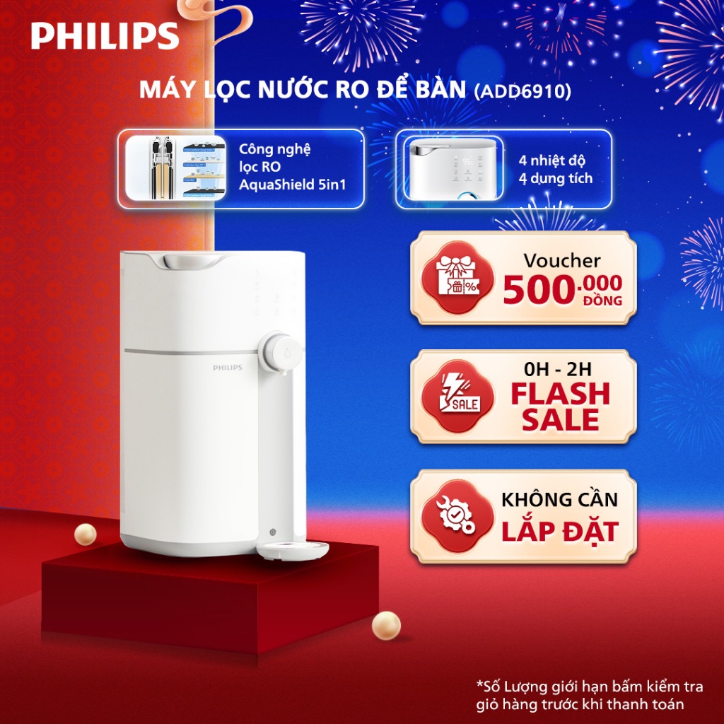 [HÀNG CHÍNH HÃNG] Máy lọc nước RO để bàn Philips ADD6910 màu trắng, uống trực tiếp nhỏ gọn làm nóng 3s