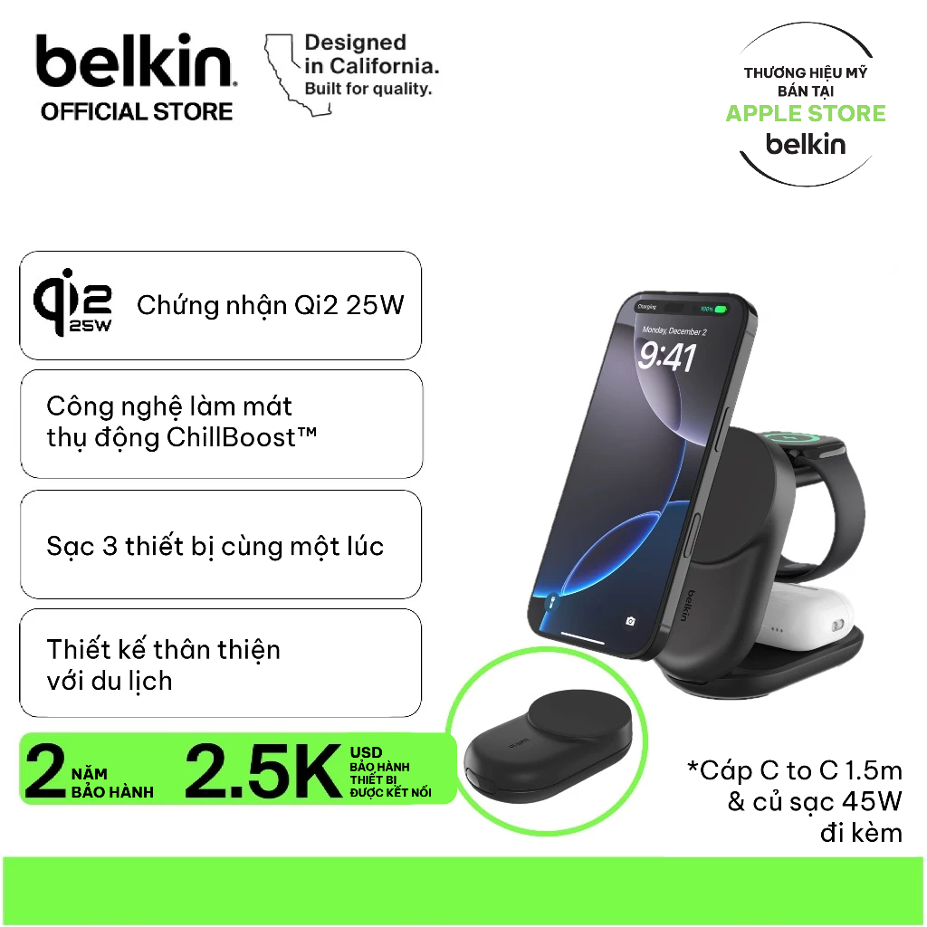 Đế sạc không dây Belkin Magsafe 3-in-1 chuẩn Qi2.2 25W sạc nhanh không dây cho nhiều thiết bị iPhone