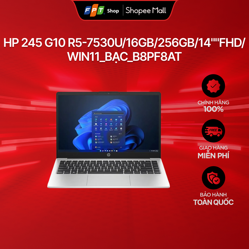 [Chỉ GH tận nơi] Laptop HP 245 G10 R5-7530U/16GB/256GB/14"FHD/Win11_Bạc_B8PF8AT