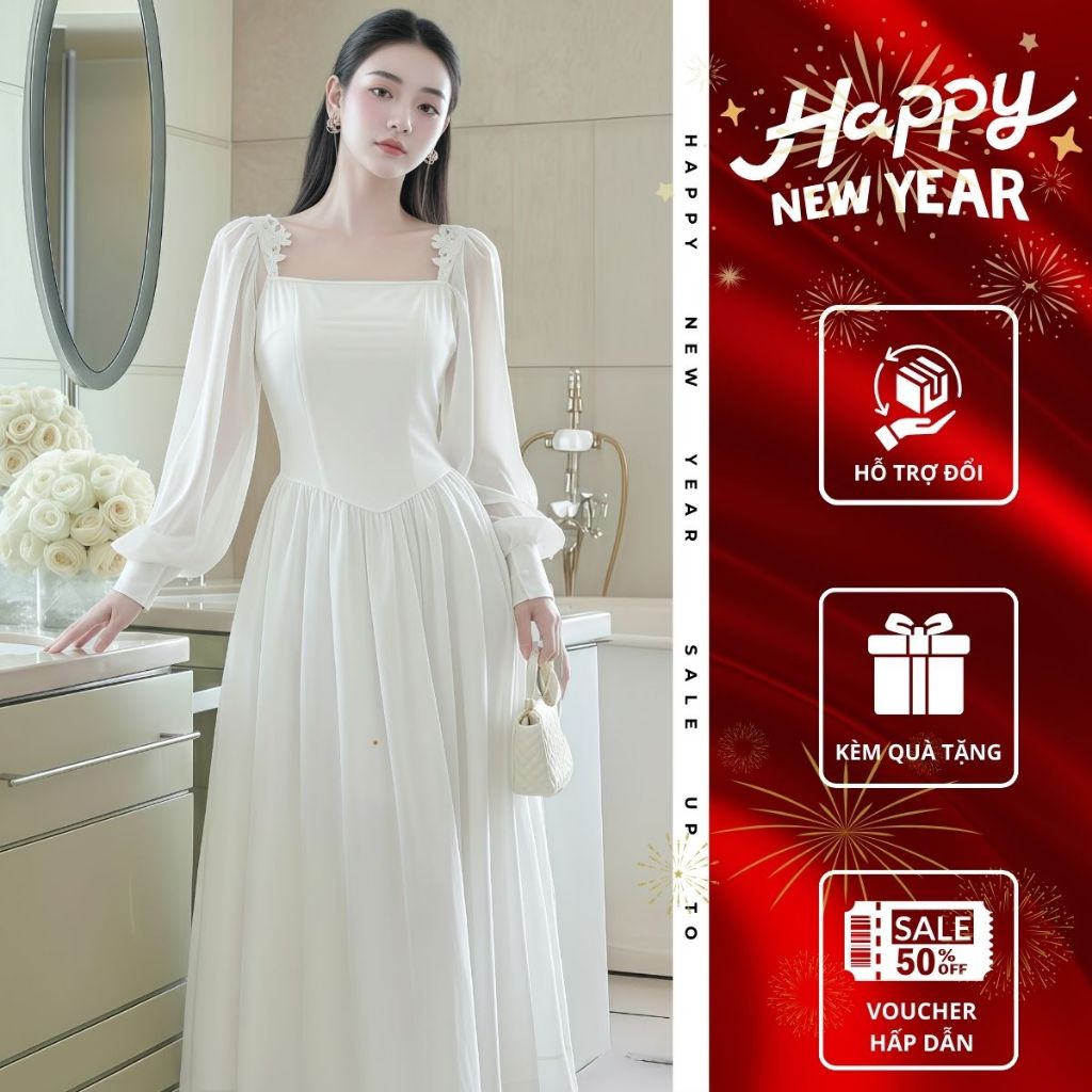 Đầm voan dáng dài xoè công chúa Emili Lux đầm mãi dáng dài sang chảnh thướt tha tiểu thư V555