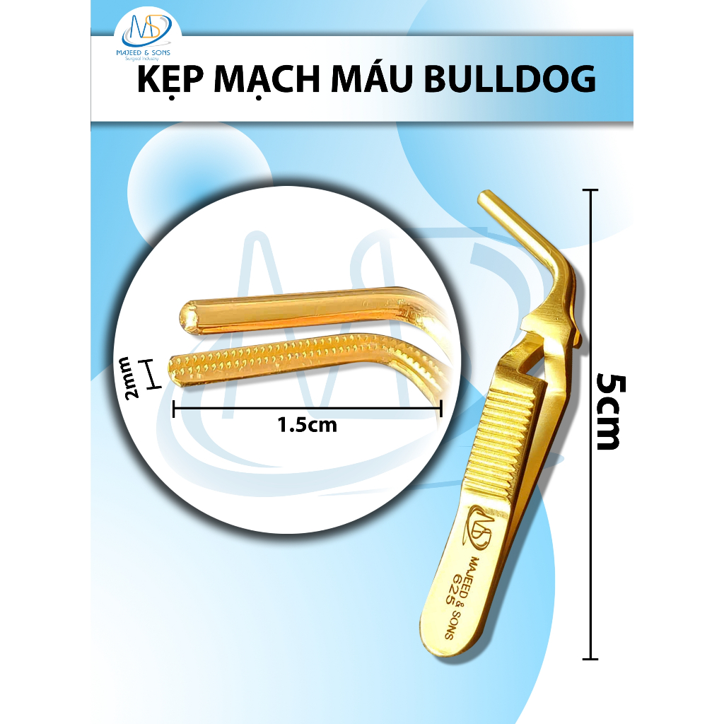 Kẹp mạch máu bulldog 5cmx2mm cong Dài 5cm kẹp 1,5cm rộng 2mm