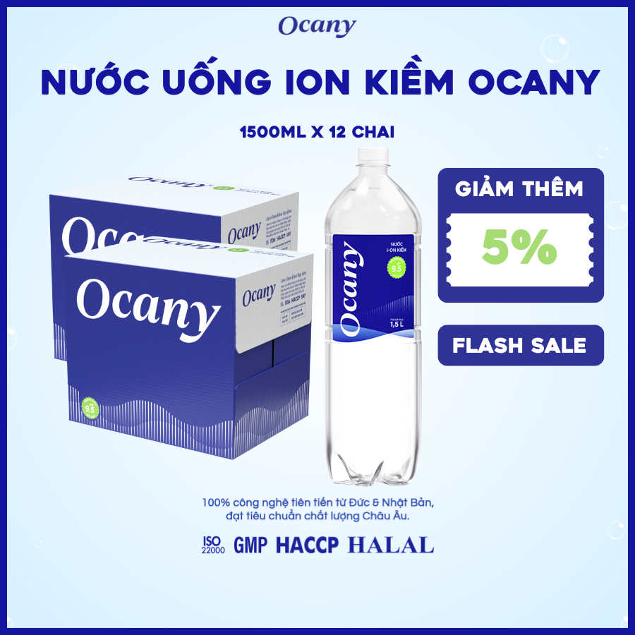 COMBO 2 thùng nước uống ION KIỀM Ocany 1500ml/12 chai pH 9.5, giảm acid dư thừa, tốt cho tiêu hóa