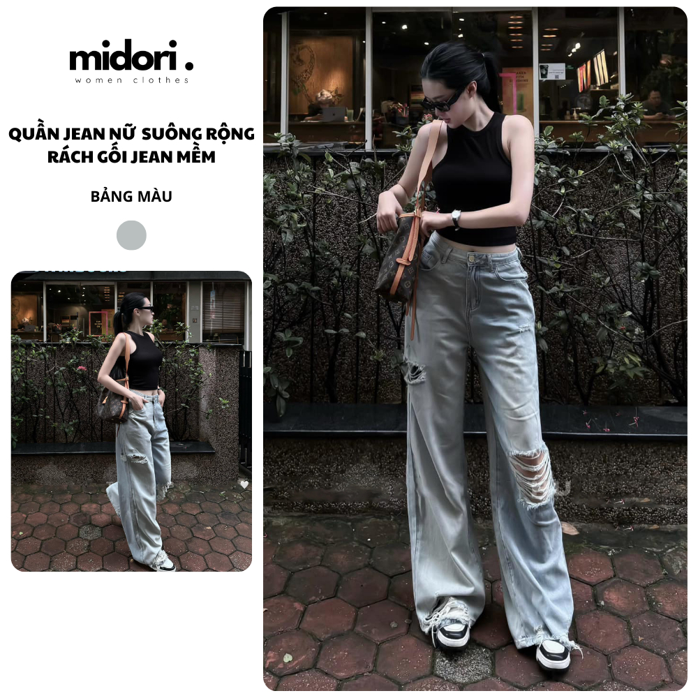 Quần Jean Nữ Ống Rộng Rách Gối Midori Shop Quần Bò Nữ Lưng Cạp Cao Jean Mềm Hách Dáng S037